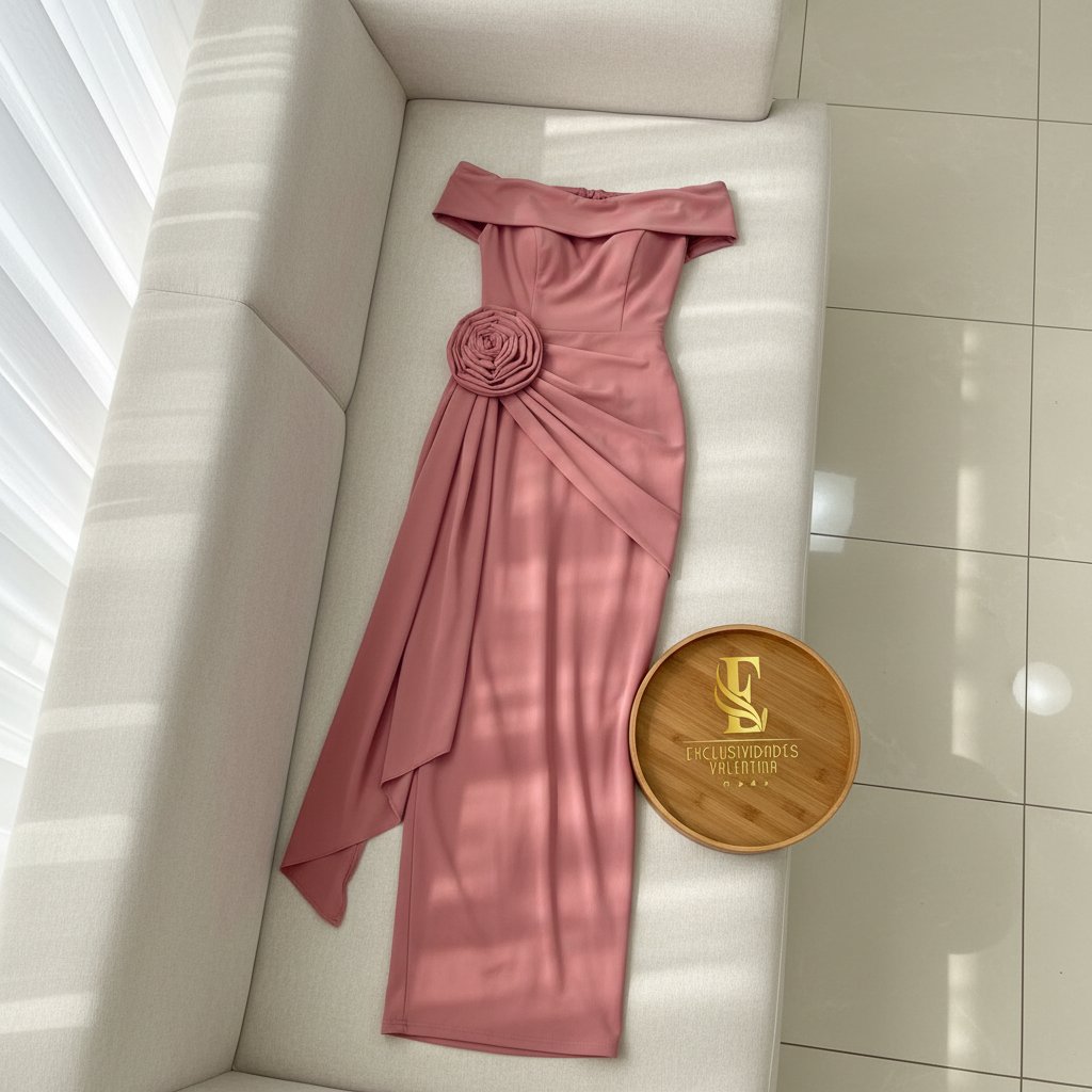 Vestido Lápiz Rosa Palo Off-Shoulder con Rosa 3D y Drapeado en Cascada cod.426