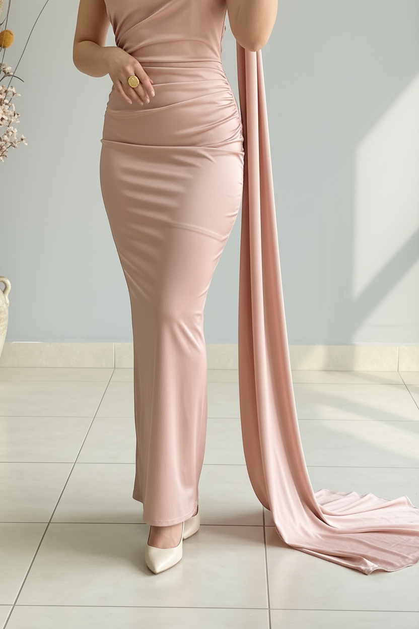 Vestido Rosa Palo Satínado Halter Drapeado con Capa Lateral Larga cod.448