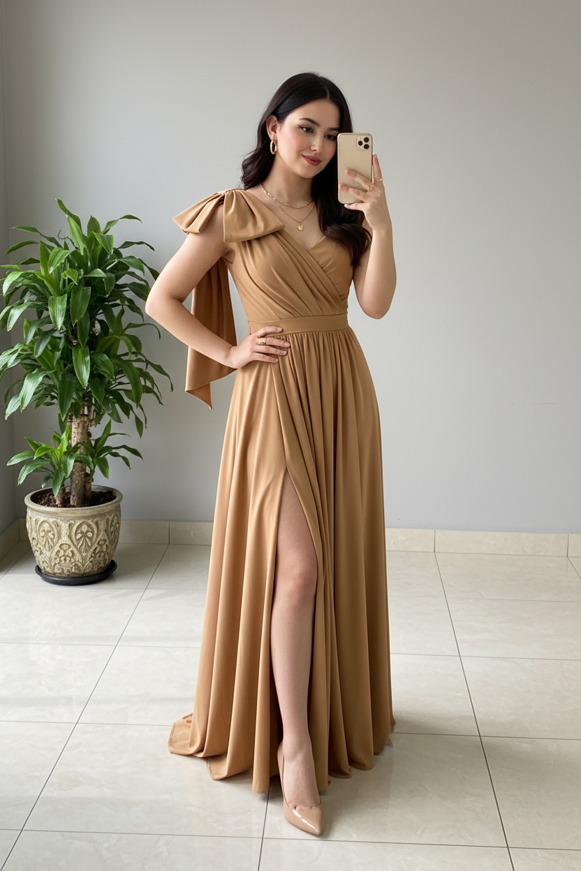 Vestido Camel con Escote V Cruzado, Lazo Mariposa y Abertura Lateral cod.378