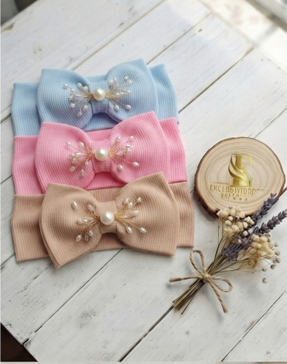 Set de 3 cintillos para Bebé Acanalado con Moño y Perlas cod.006