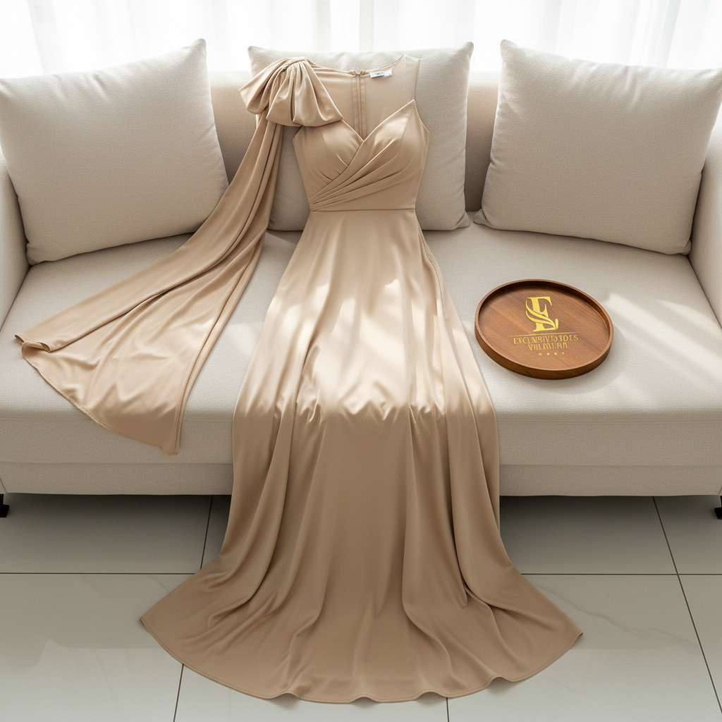 Vestido Champagne con Manga Globo y Capa Drapeada Larga cod.374