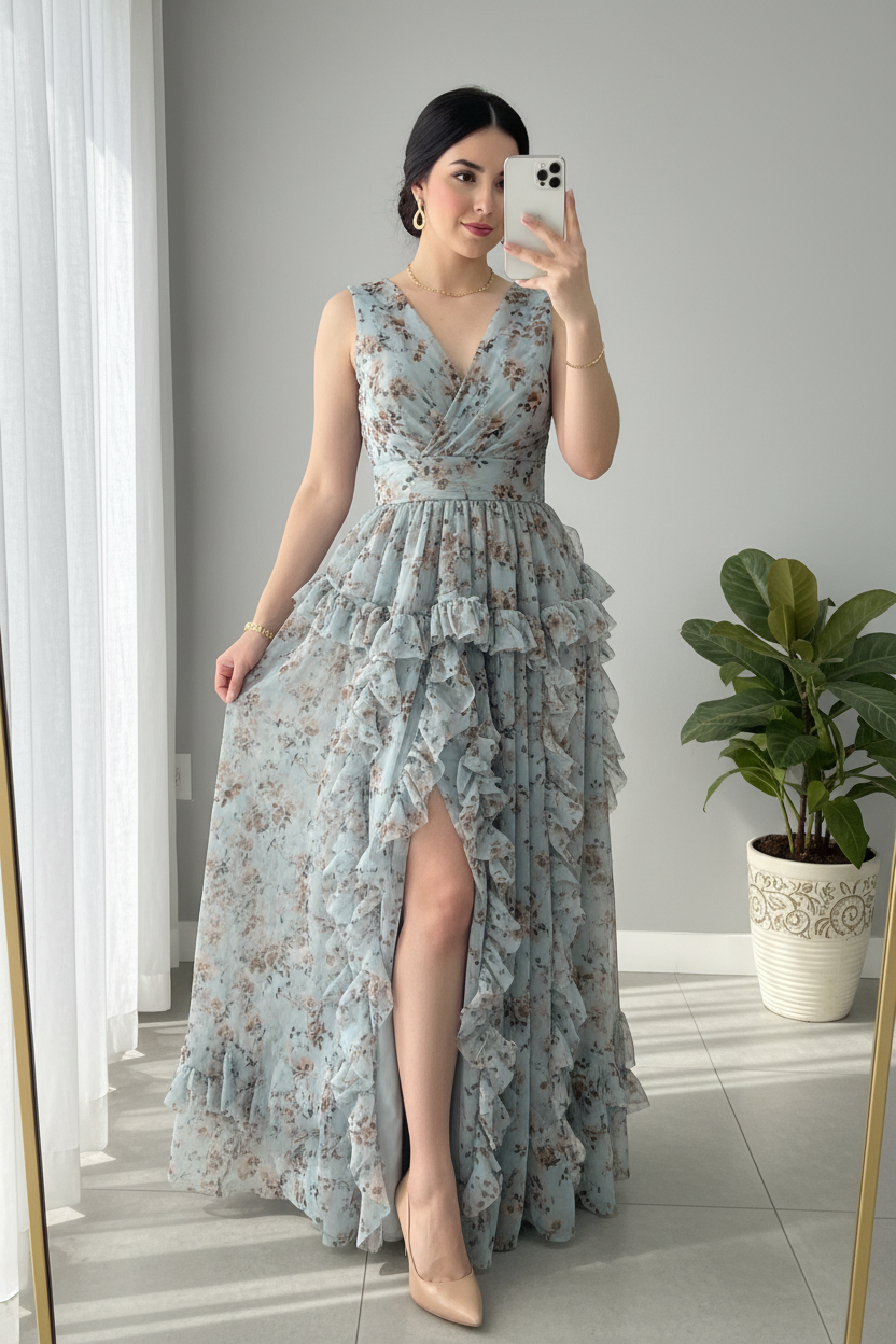 Vestido Verde Agua Floral — Escote V, Volantes & Abertura cod.866