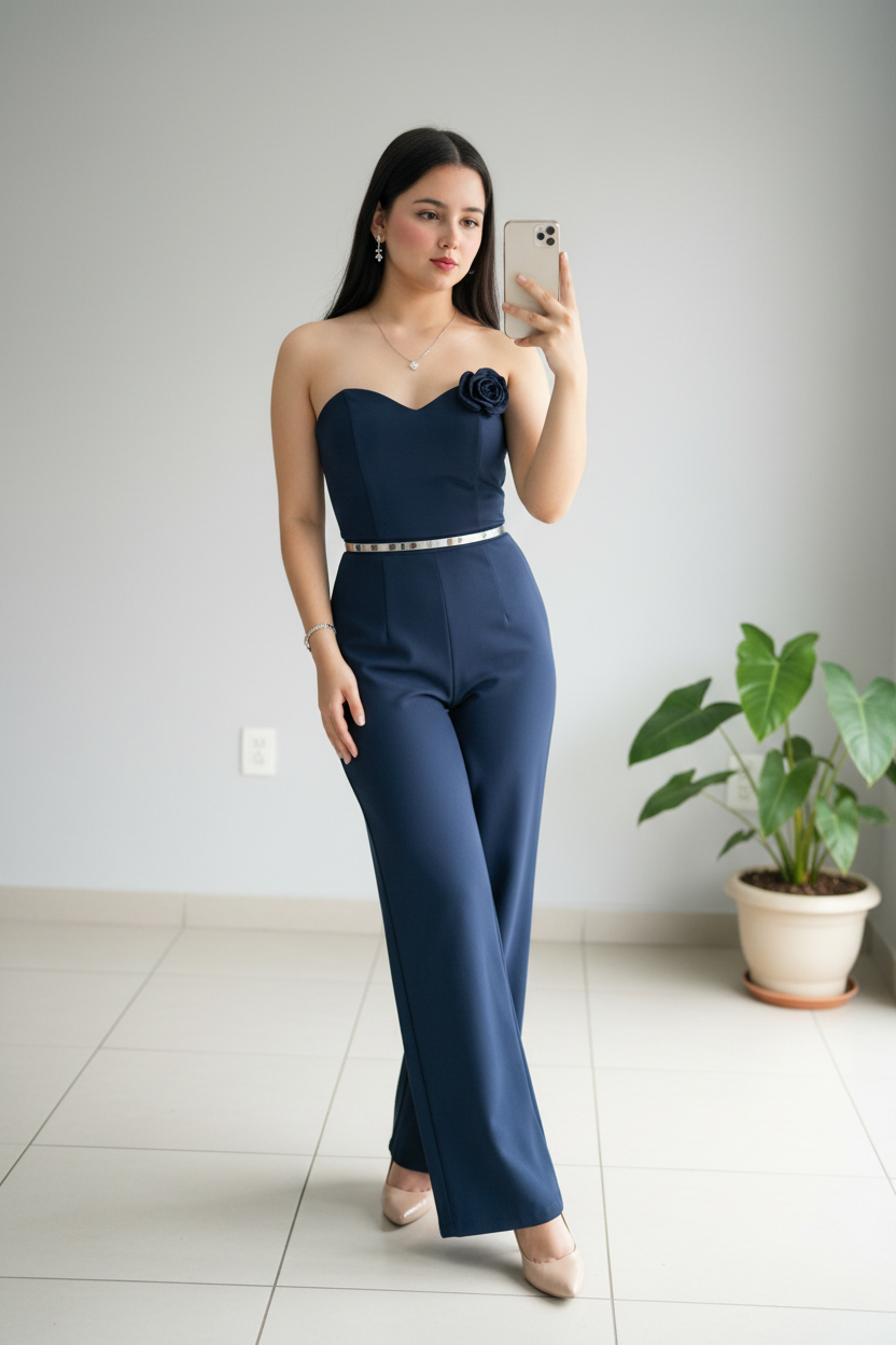 Enterizo Elegante Azul Marino Strapless con Flor. cod.300