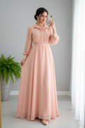 Vestido Peach Rosa Salmon Manga Abullonada Cuello Camisero Cintura Fruncida A-Line cod.829