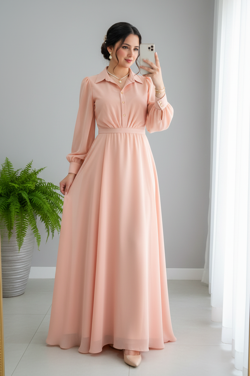 Vestido Peach Rosa Salmon Manga Abullonada Cuello Camisero Cintura Fruncida A-Line cod.829