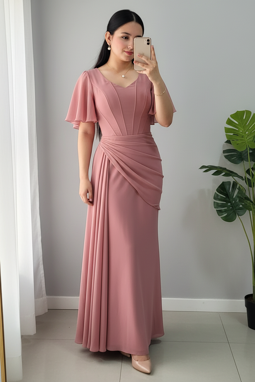 Vestido Rosa Palo Chiffon con Mangas Mariposa y Drapeado cod.V671