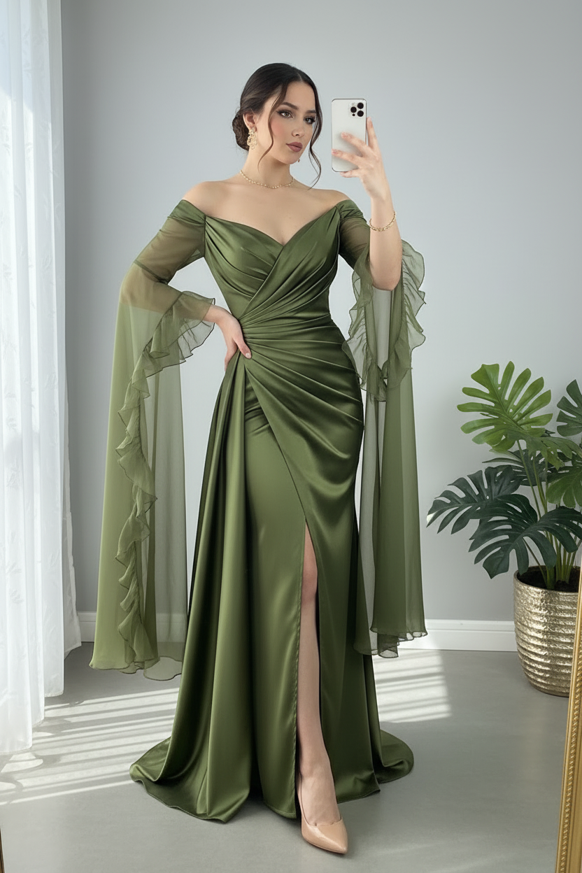 Vestido Largo Verde Oliva Satén — Off-Shoulder, Manga Tul con Volantes & Abertura Frontal cod.895