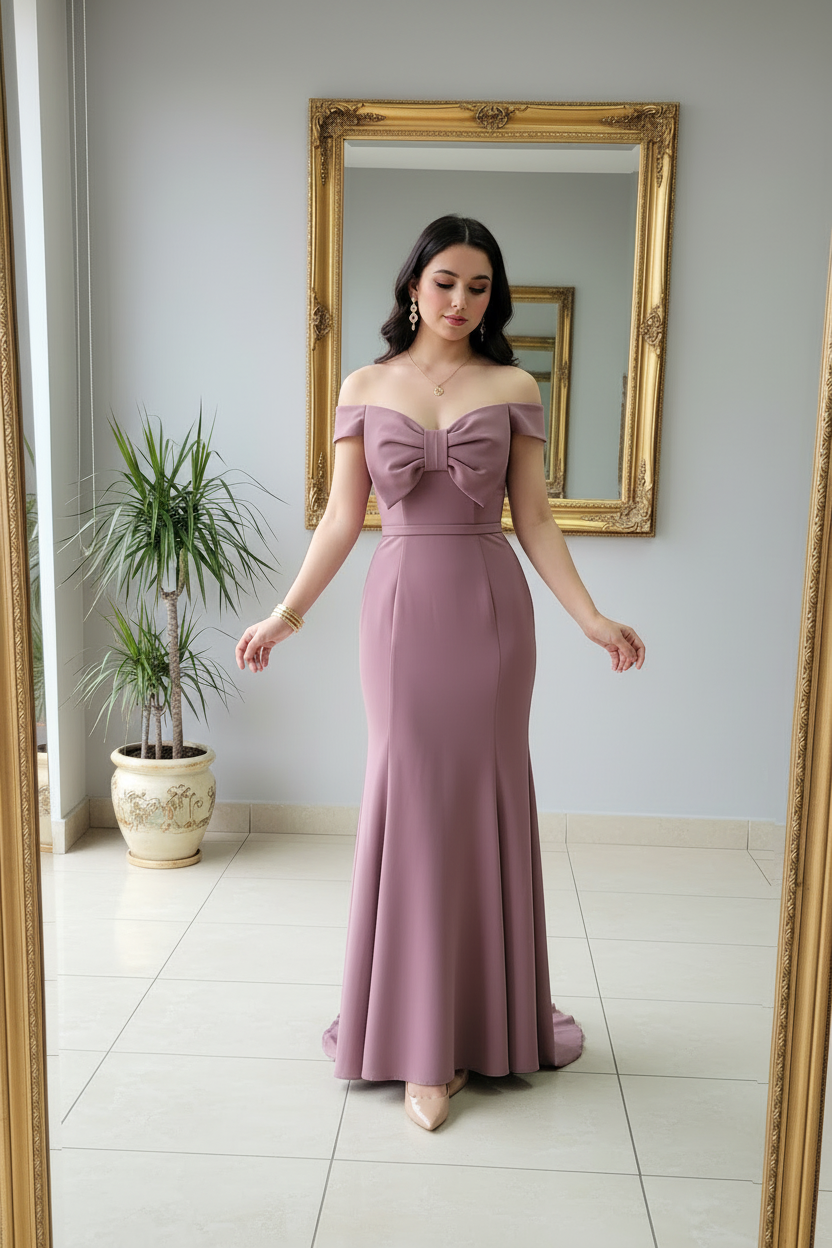 Vestido Sirena Mauve Off-Shoulder con Lazo Estructurado y Cola cod.425