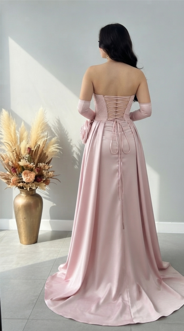 Vestido Rosa Palo con Corset de Perlas, Rosa 3D y Guantes