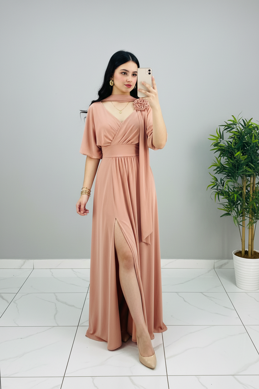 Vestido Largo Rosa Palo con Chal, Rosa 3D y Abertura Lateral cod. 399