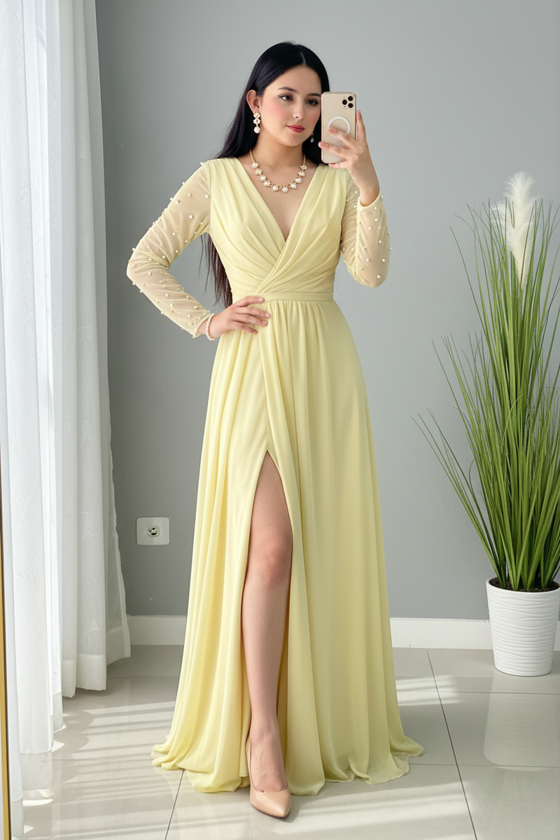 Vestido Amarillo Pastel Manga Larga Tul Perlas Abertura cod.V691