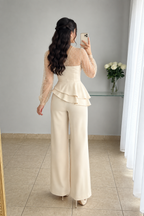 Conjunto Cream Top Tul Perlas Manga Larga Peplum + Pantalón Recto cod.CJ001