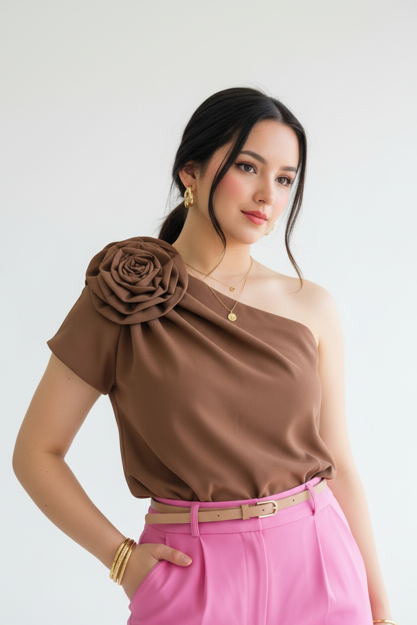 Blusa Café Asimétrica con Rosa en Hombro - Elegante y Sofisticada cod.306