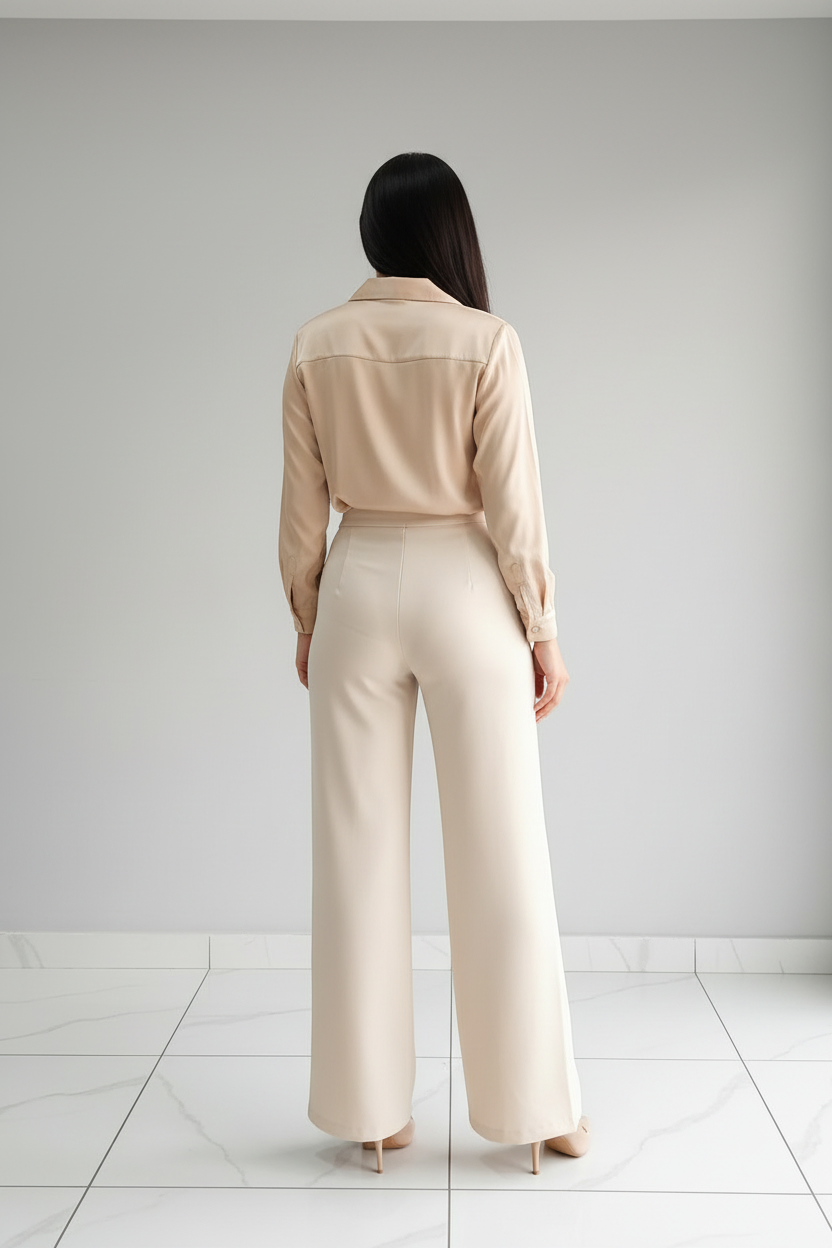 Conjunto Monocromático Beige: Camisa Satinada y Pantalón Palazzo cod.390