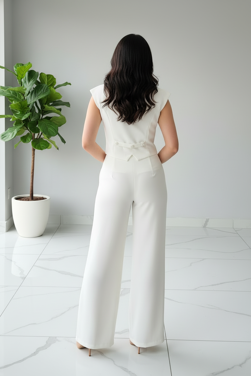 Conjunto Elegante Blanco: Chaleco con Botones + Pantalón Pierna Ancha - 2 Piezas cod.322