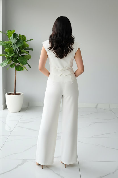 Conjunto Elegante Blanco: Chaleco con Botones + Pantalón Pierna Ancha - 2 Piezas cod.322