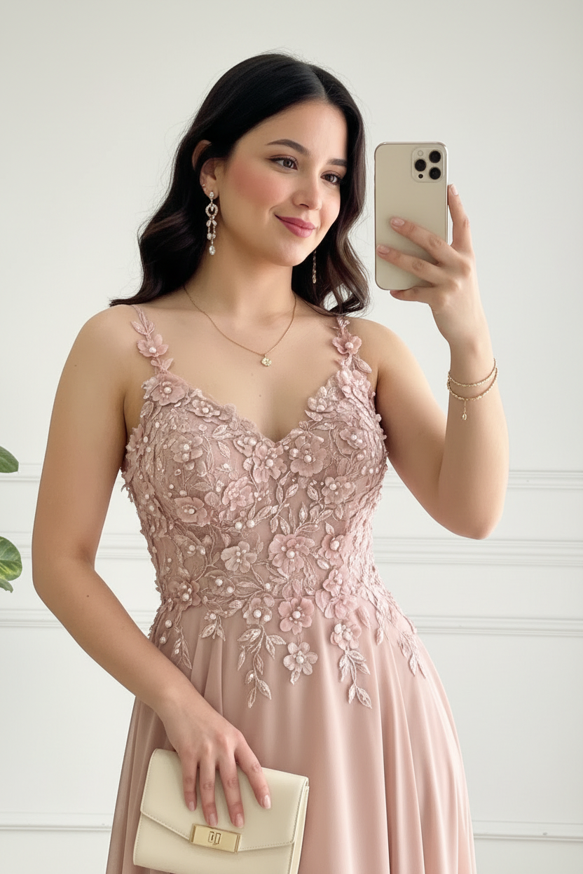 Vestido Largo Blush A-Line con Bordado Floral 3D y Perlas cod.434