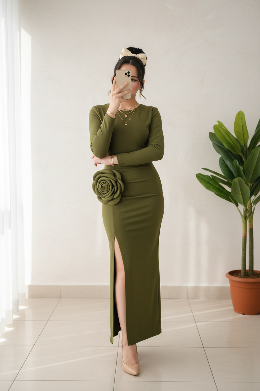 Vestido Largo Verde Olivo Manga Larga con Rosa 3D y Abertura Frontal cod.468