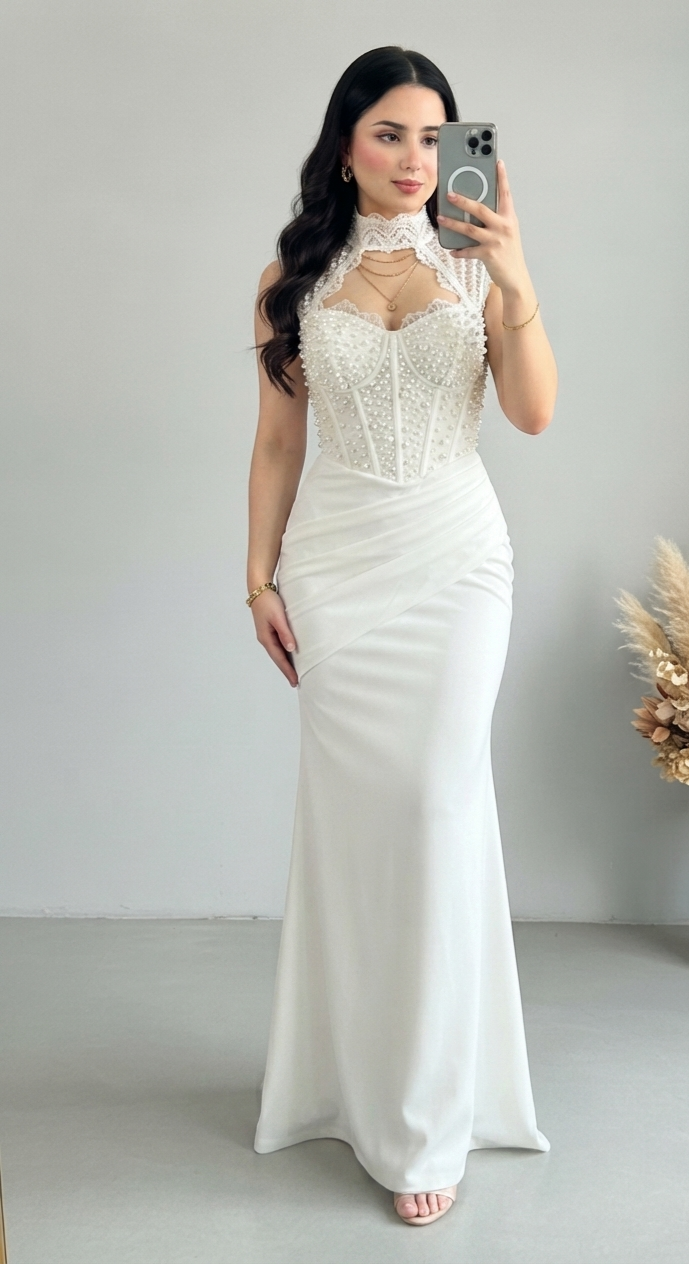 Vestido Novia Blanco Sirena con Corset de Perlas 3D y Cuello Halter de Encaje cod.V825