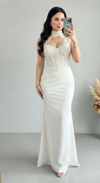Vestido Novia Blanco Sirena con Corset de Perlas 3D y Cuello Halter de Encaje cod.V825