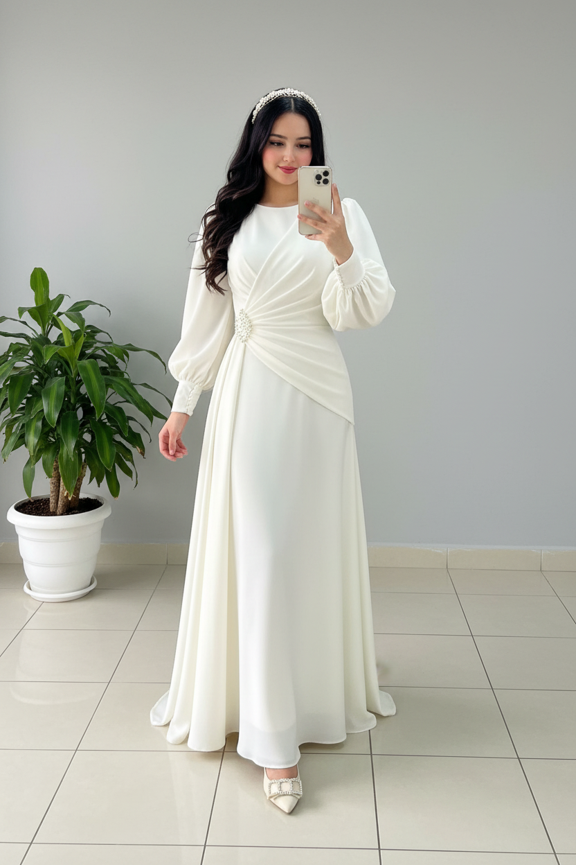 Vestido Blanco Largo Manga Puff con Broche de Perlas y Falda A-Line cod.482