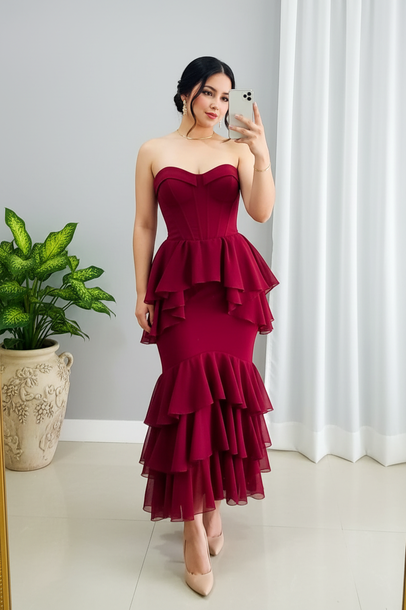 Vestido Midi Vino — Escote Corazón Strapless, Corsé Estructurado & Volantes Escalonado cod.900