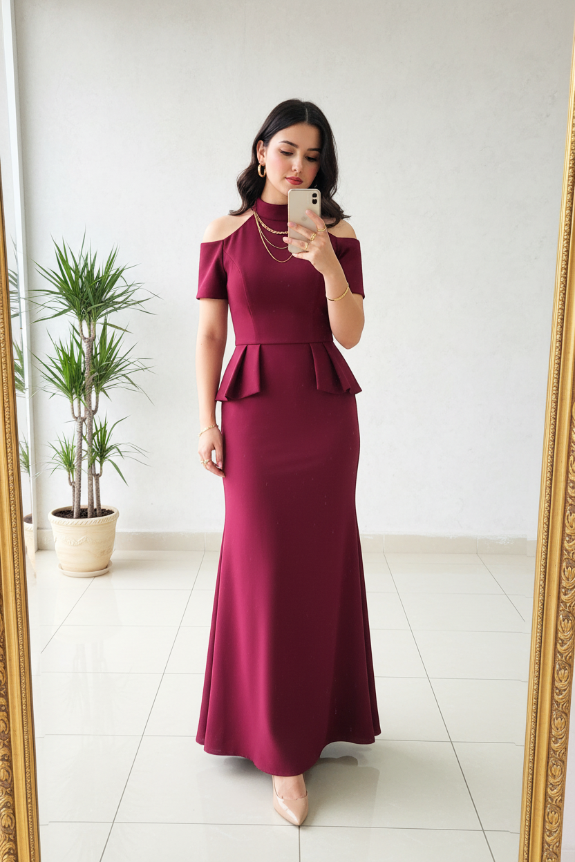 Vestido Sirena Borgoña Mock Neck Cold Shoulder con Peplum Doble cod.432