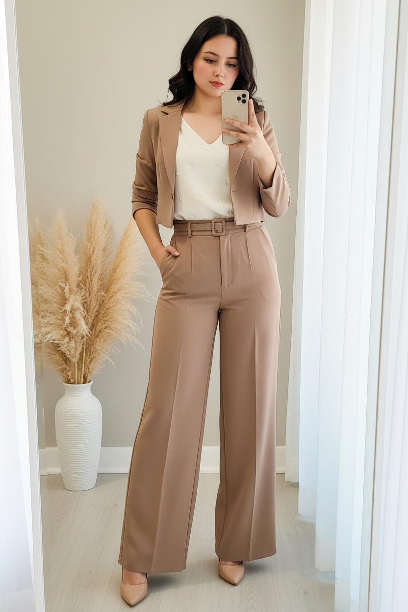 Conjunto Camel Blazer Crop Manga 3/4 Pantalón Palazzo Cinturón cod.0016