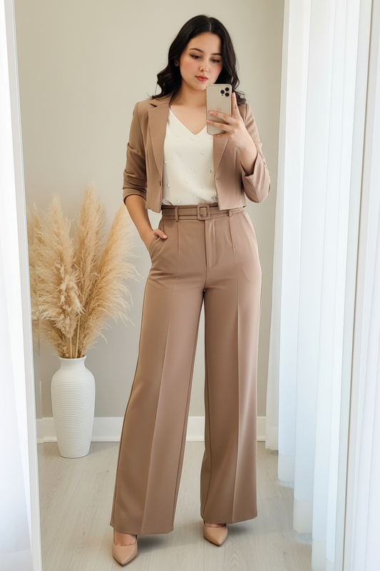 Conjunto Camel Blazer Crop Manga 3/4 Pantalón Palazzo Cinturón cod.0016