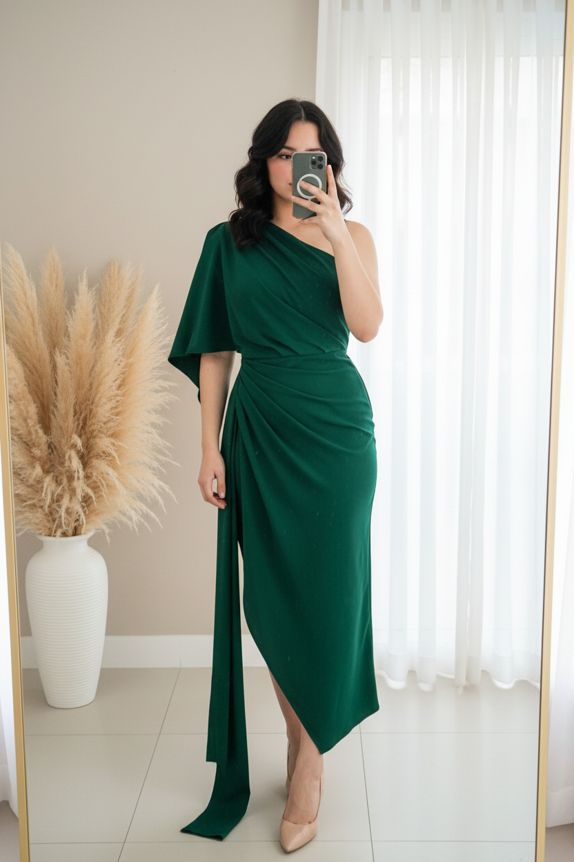 Vestido Verde Esmeralda Asimétrico Un Hombro cod.0087