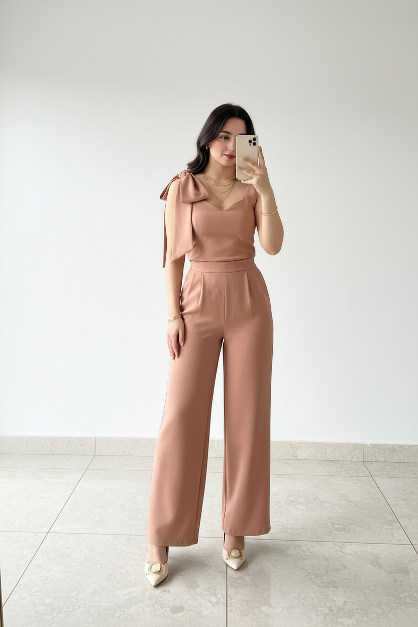 Conjunto Elegante Nude: Top con Moño en Hombro + Pantalón Pierna Ancha cod.313