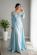 Vestido Azul Cielo Off-Shoulder Manga Larga Rosa D3 cod.919