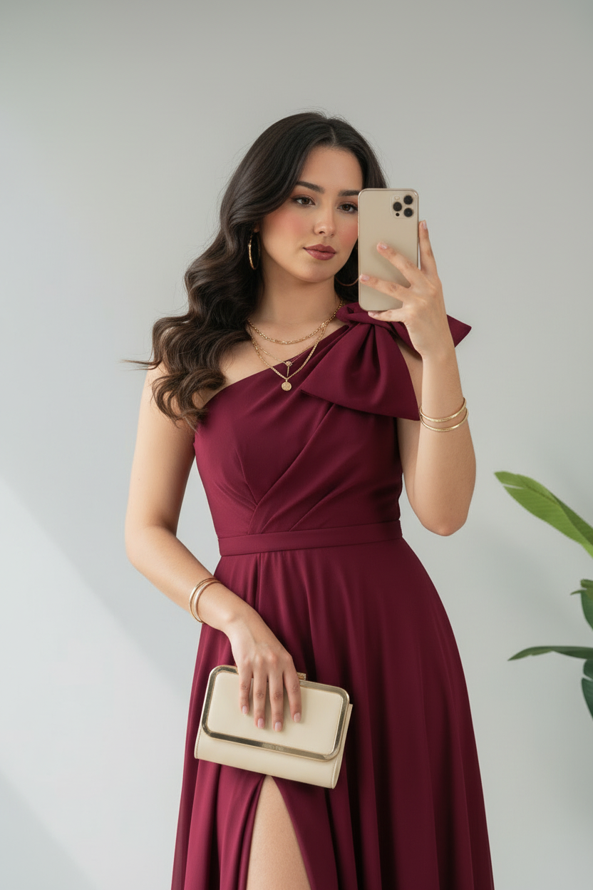 Vestido Largo Borgoña Un Hombro con Lazo y Abertura Frontal cod.423
