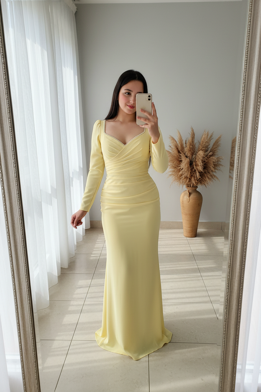 Vestido Sirena Amarillo Pastel | Manga Larga con Pedrería y Drapeado cod.V501