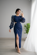Vestido Azul Marino Mangas Bordadas con Abertura cod.712