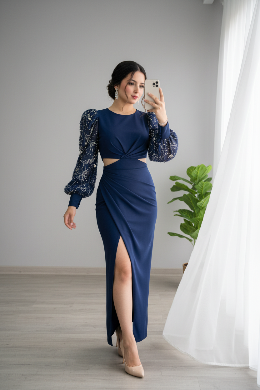 Vestido Azul Marino Mangas Bordadas con Abertura cod.712