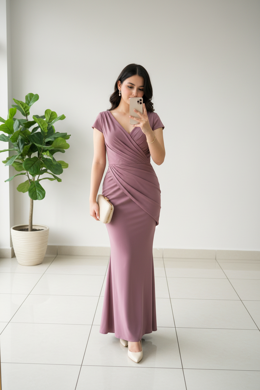 Vestido Sirena Malva Escote V Cruzado con Drapeado Diagonal cod.428