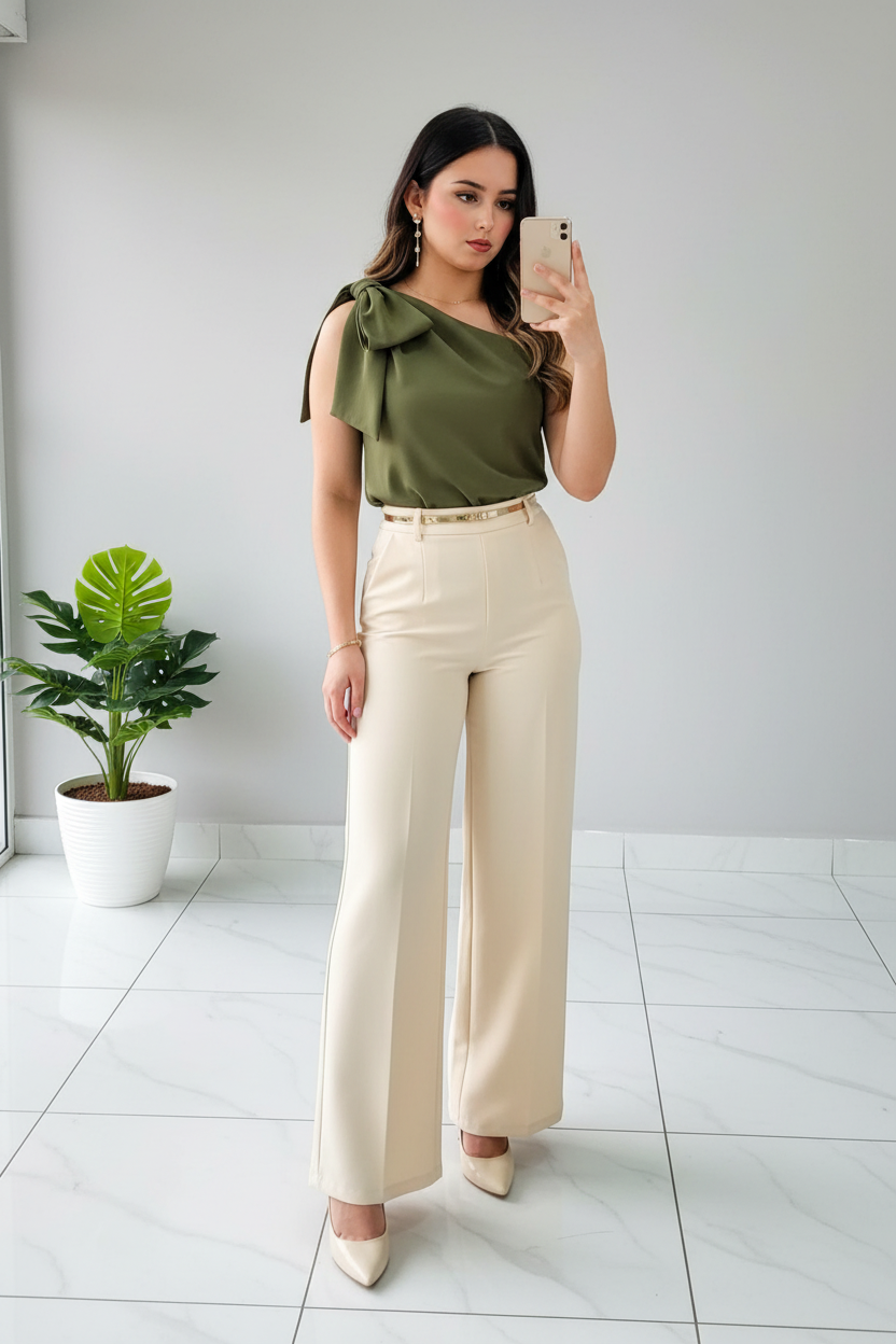 Blusa Verde Oliva Un Hombro con Lazo cod.551