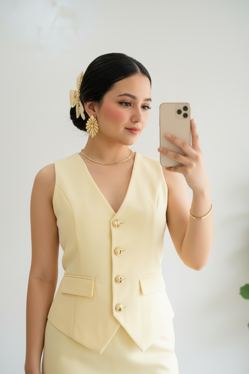 Conjunto Amarillo Butter Chaleco con Botones Dorados y Minifalda cod.472