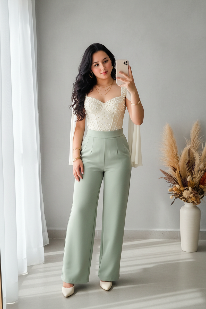 Conjunto Corset Blanco & Pantalón Verde Menta cod.C788