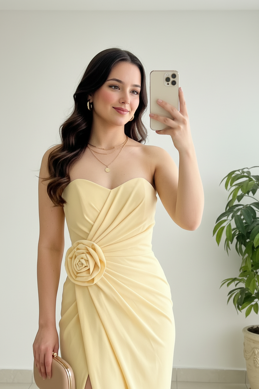 Vestido Largo Amarillo Pastel Strapless con Rosa 3D y Abertura Frontal cod.435