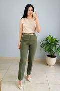 Conjunto Nude y Verde Olivo Top Un Hombro con Perlas y Pantalón Recto cod.488