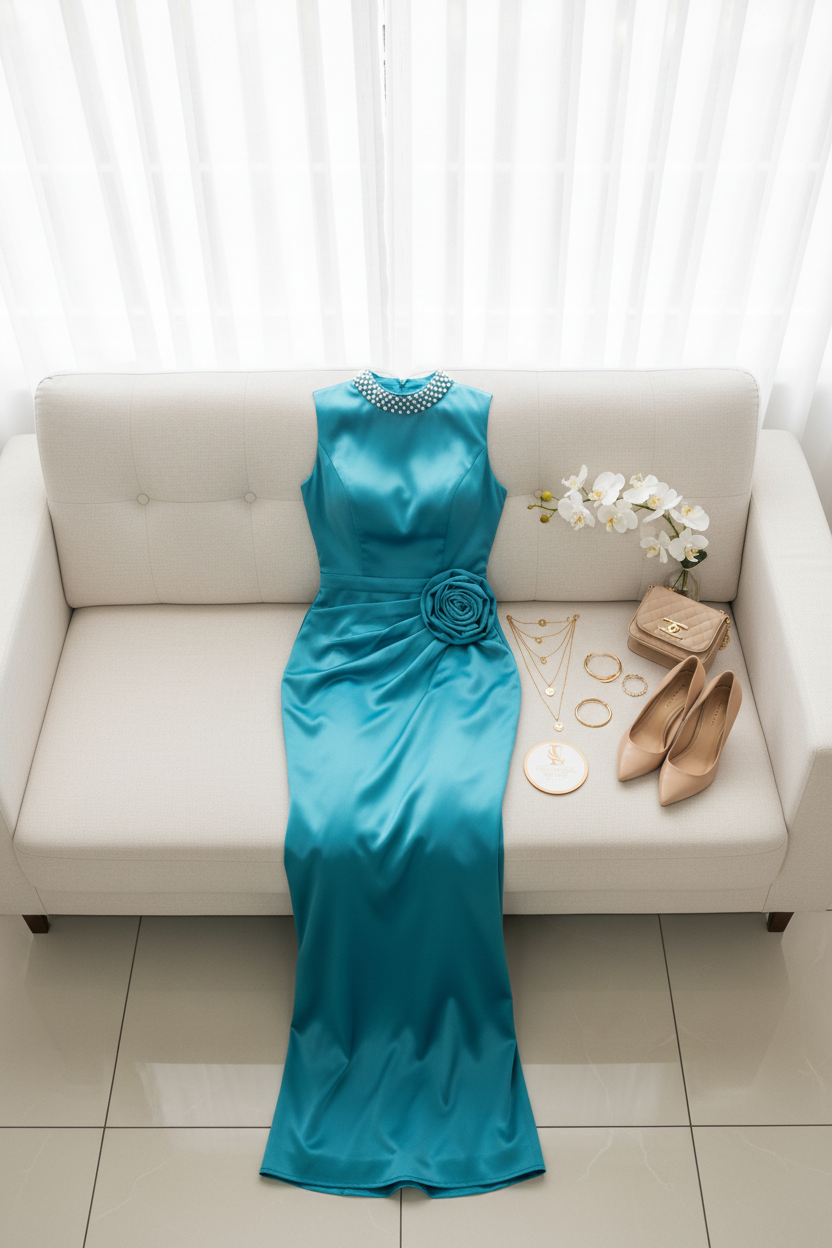 Vestido de Gala Turquesa con Perlas y Rosa 3D - Elegante Largo Sirena cod.336