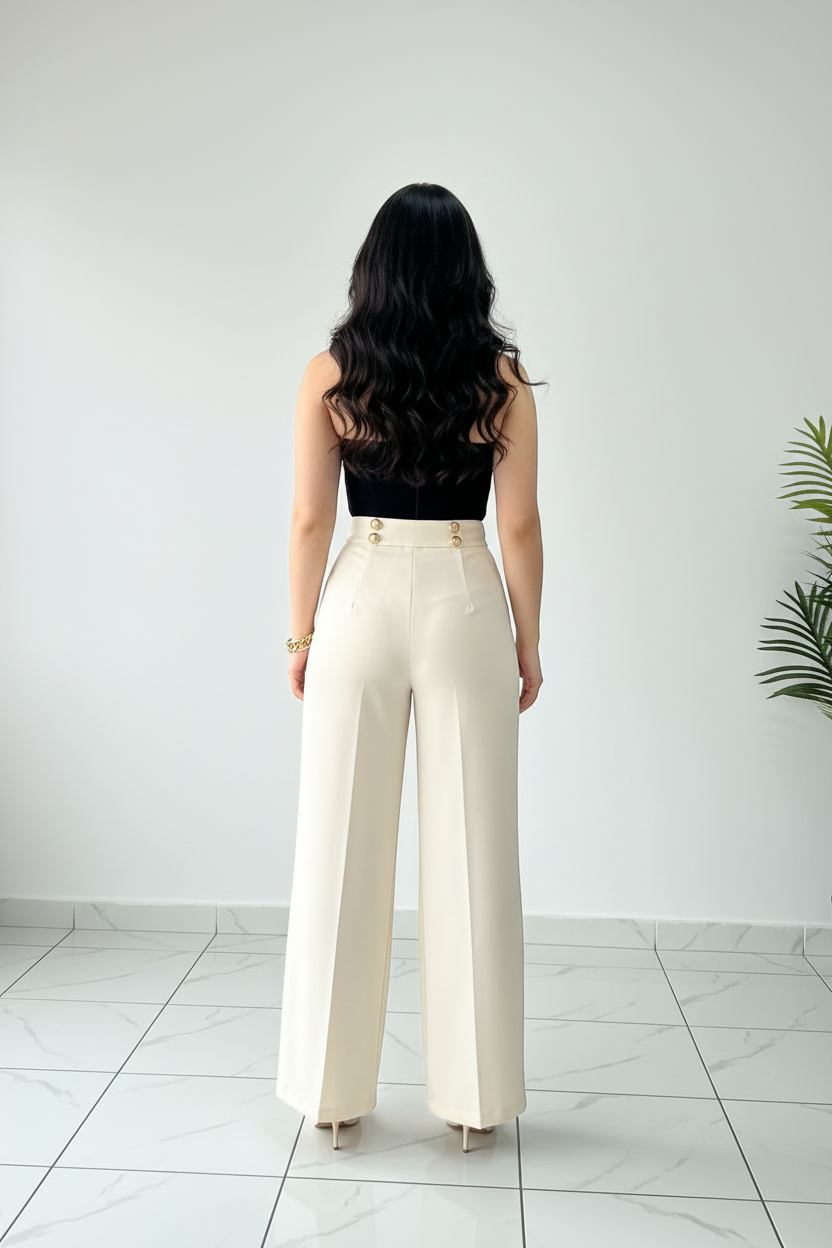 Conjunto Elegante: Top Negro con Perlas Blancas + Pantalón Blanco Pierna Ancha - Sofisticado cod.341