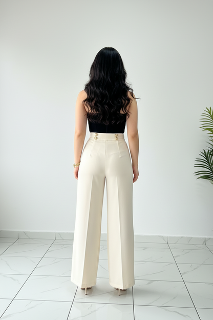 Conjunto Elegante: Top Negro con Perlas Blancas + Pantalón Blanco Pierna Ancha - Sofisticado cod.341