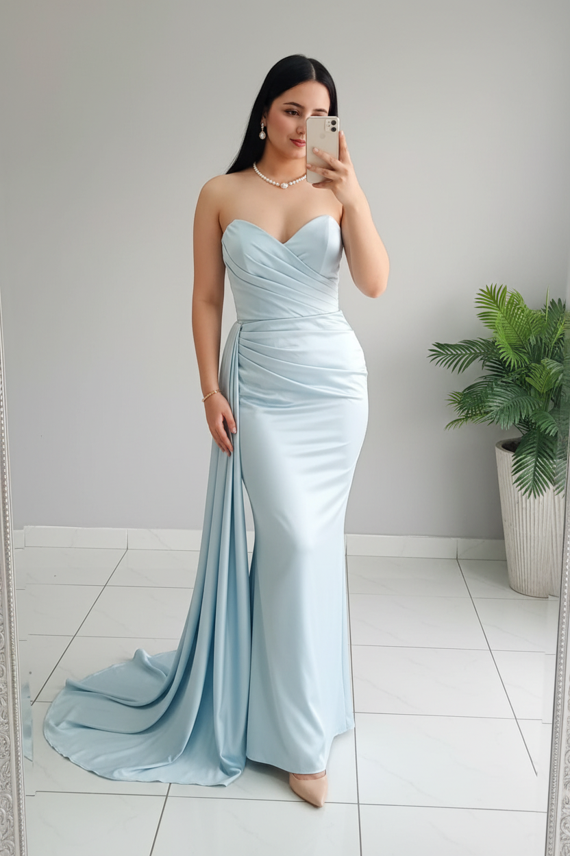 Vestido Celeste Sirena – Gown Azul Cielo Strapless con Cola cod.672