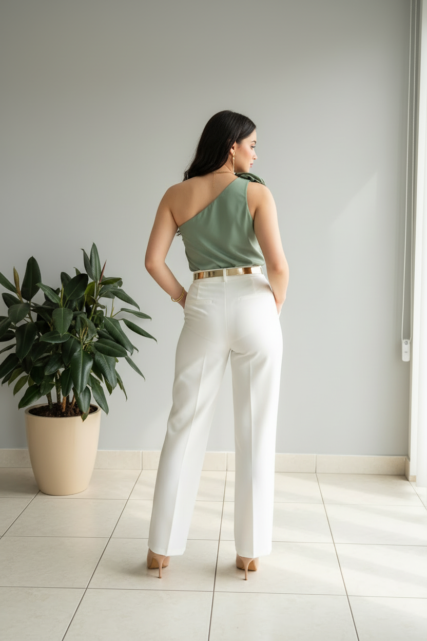 Pantalón Blanco Recto de Tiro Alto con Cinturón Dorado cod.416