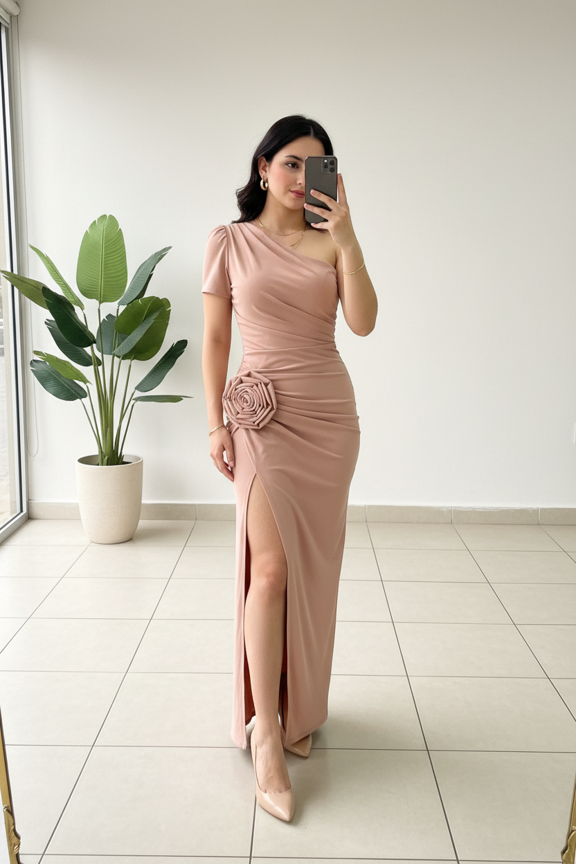 Vestido Largo Rosa Palo Un Hombro con Rosa 3D y Abertura Lateral cod.467
