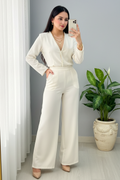 Conjunto Marfil — Top Cruzado con Perlas & Palazzo cod.0038