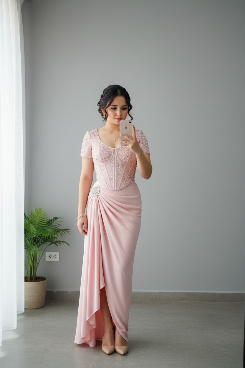 Vestido Rosa Palo Corset con Perlas cod.711